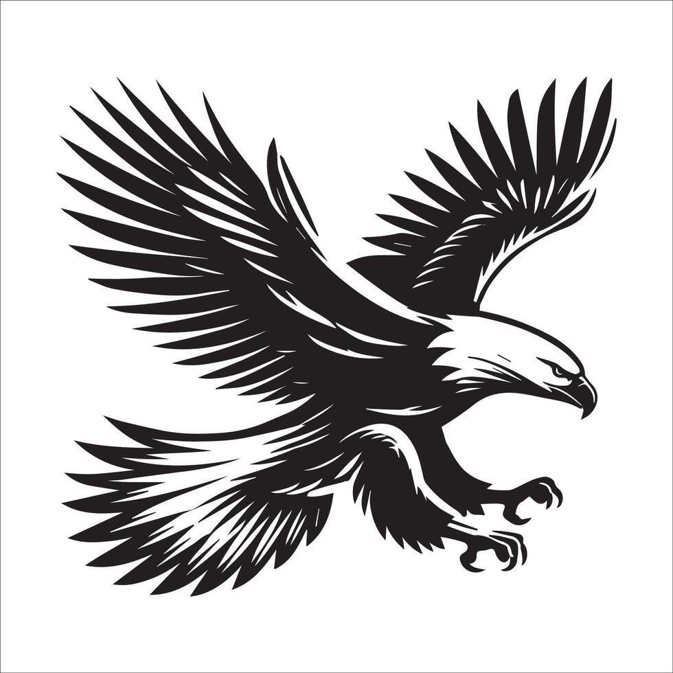 Bald Eagle Silhouette - Eagle Logo - Bald Eagle flying with its body illustration in black and white vector