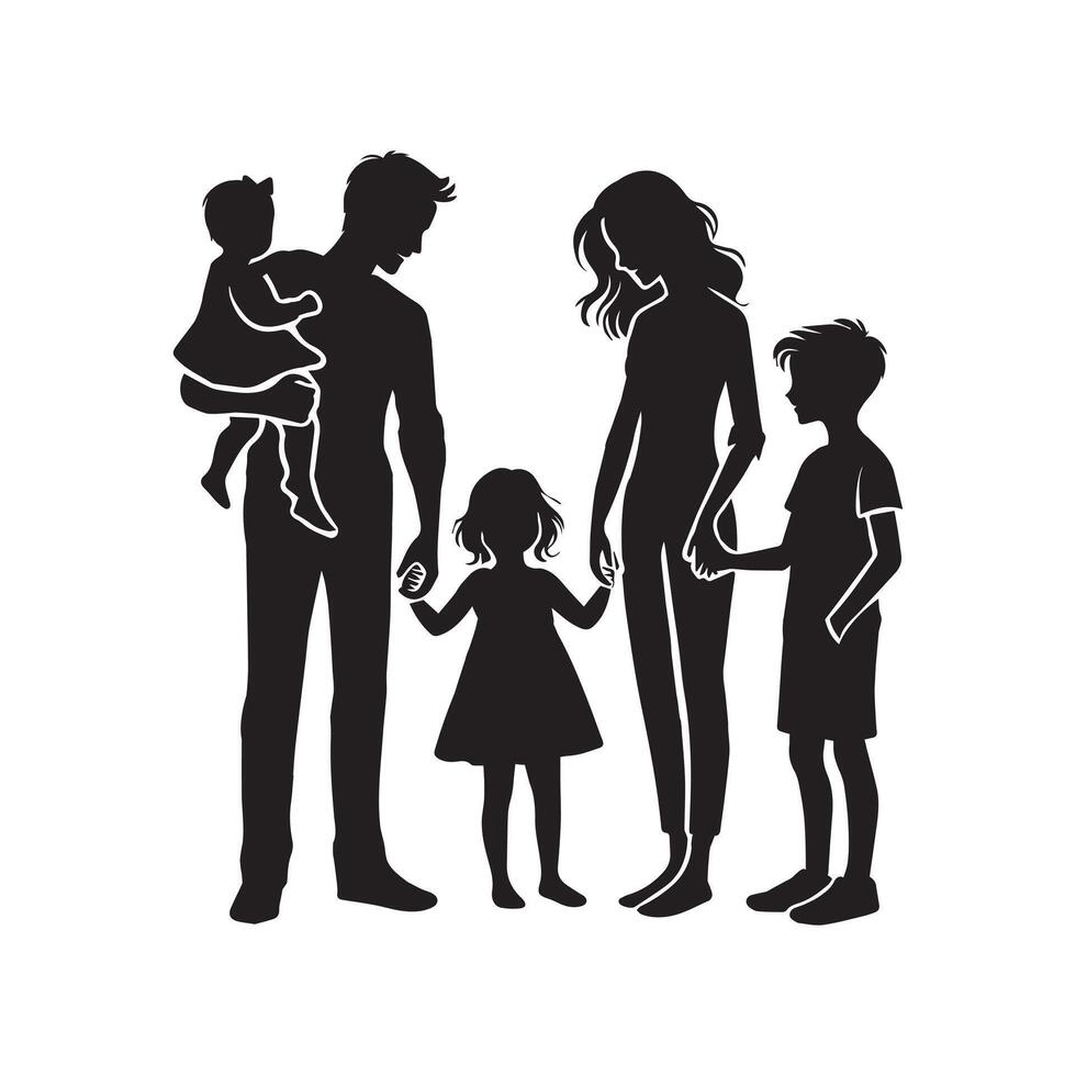 Happy Family Silhouette - Family Clipart - Standing Happy Family of Five illustration vector