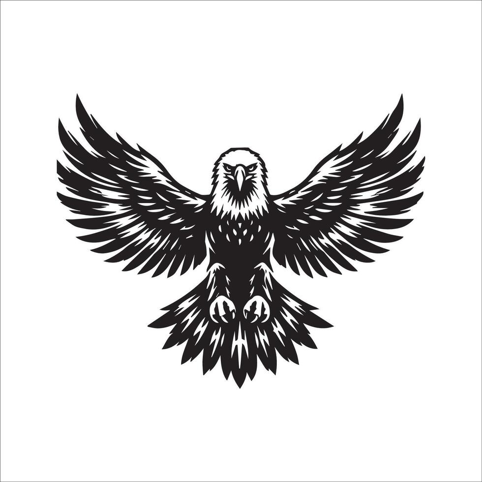 Bald Eagle Silhouette - Eagle Logo - Bald Eagle wings fully spread illustration in black and white vector