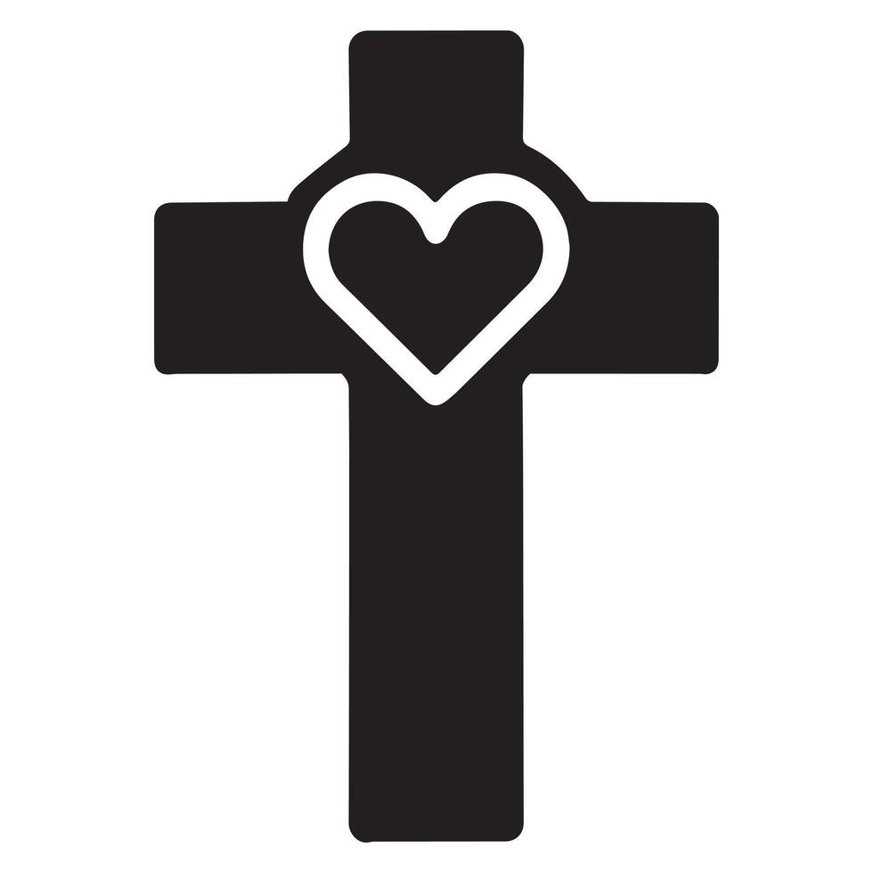 Christian Clipart - Cross with Heart illustration in black and white vector