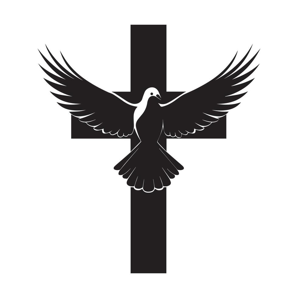 Christian Clipart Logo - Cross with Dove illustration in black and white vector