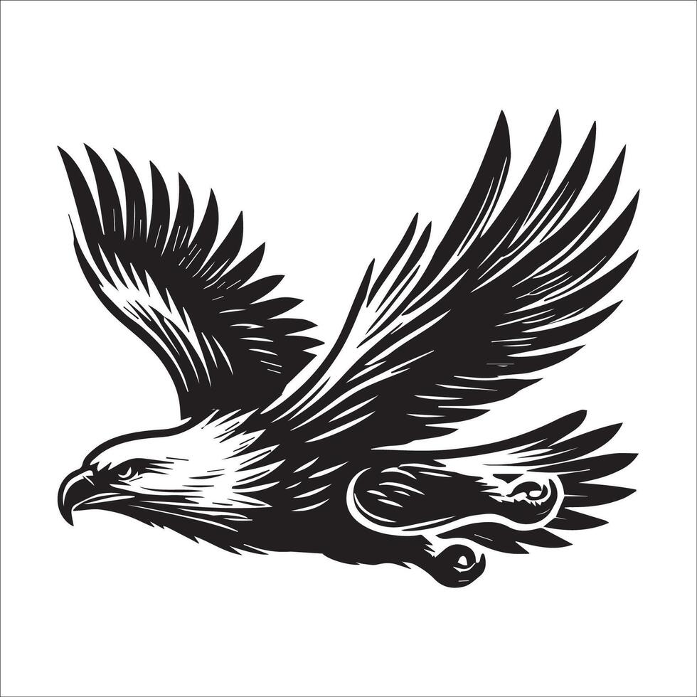 Bald Eagle Silhouette - Eagle Logo - Bald Eagle in a fast dive illustration in black and white vector