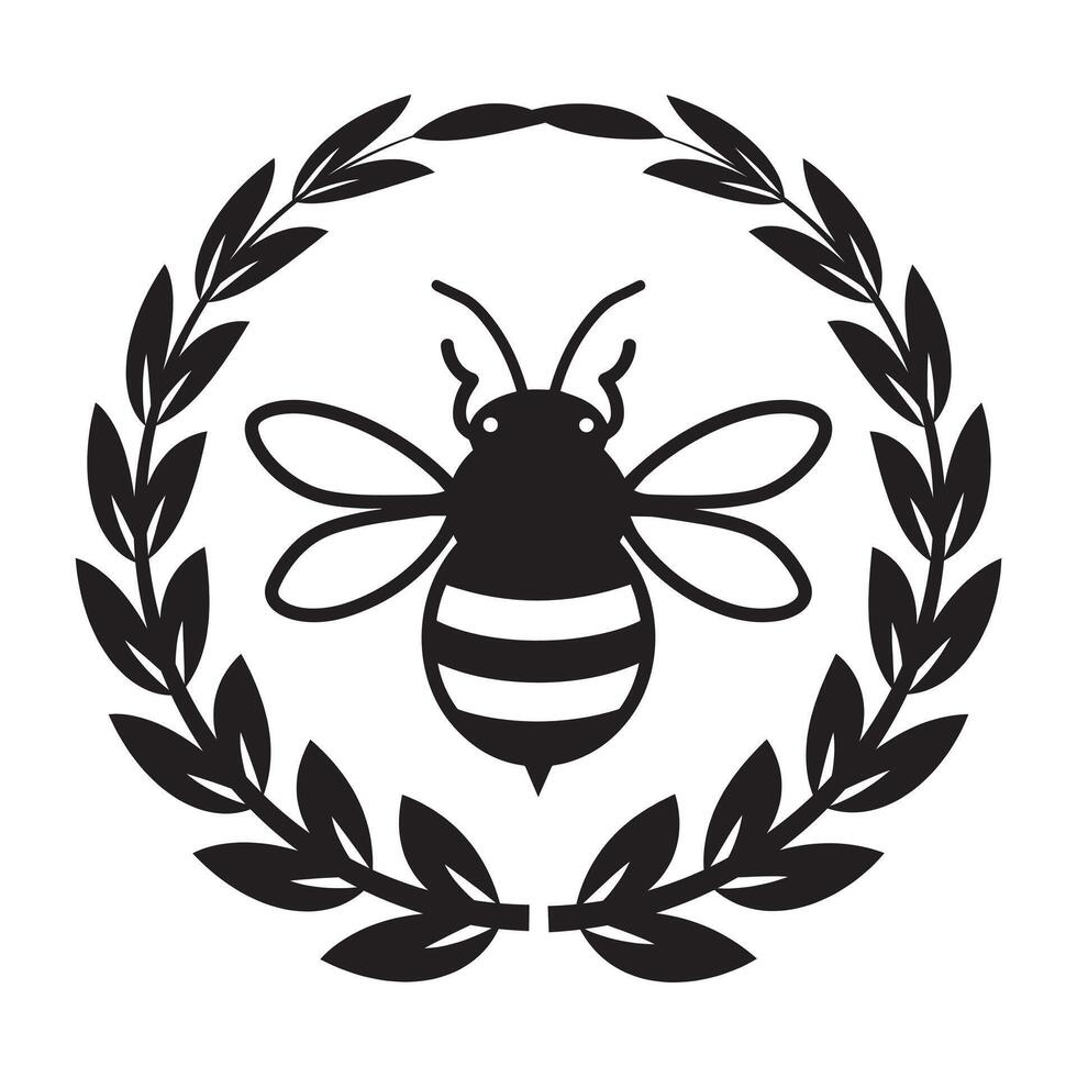 Bee Clipart - bee Logo - Floral Wreath killer Bee Circle illustration in black and white vector