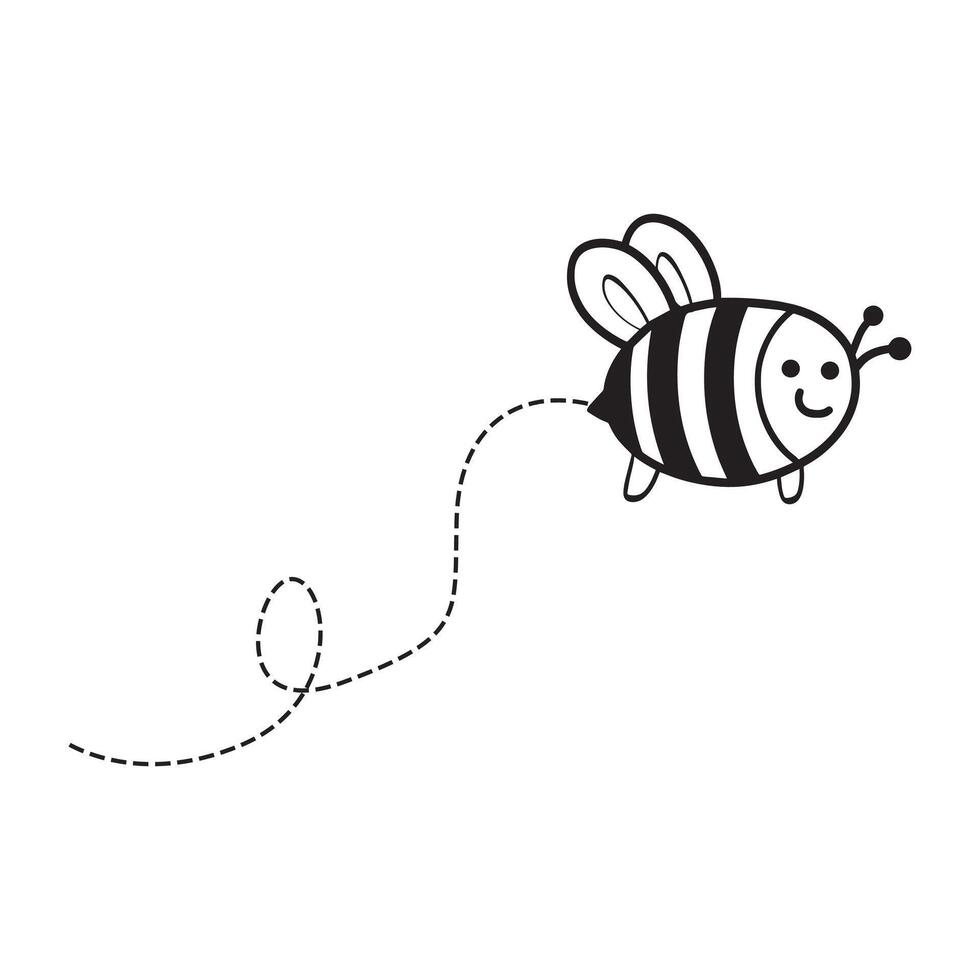 Bee Clipart - cartoon queen bee flying on the dotted line illustration in black and white vector