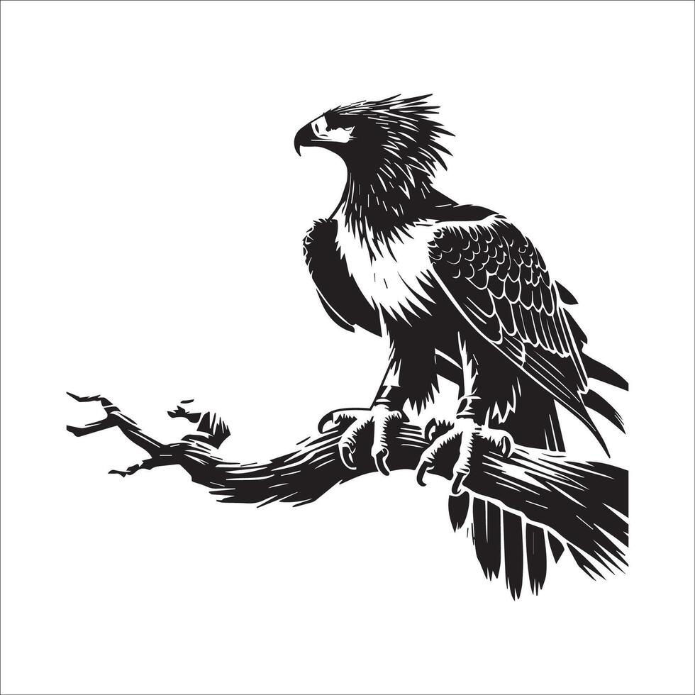 Philippine Eagle Silhouette - Eagle Logo - Philippine Eagle sitting on a branch illustration in black and white vector