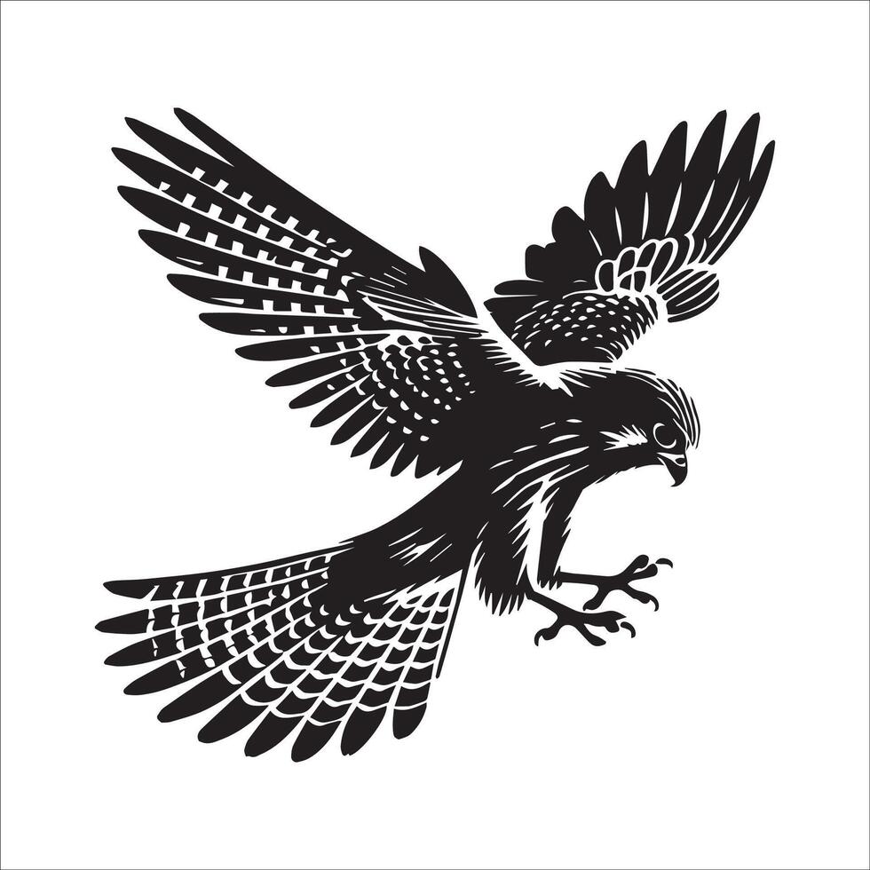 Old World kestrel Outline - European kestrel silhouette - Common Kestrel in mid hover illustration in black and white vector