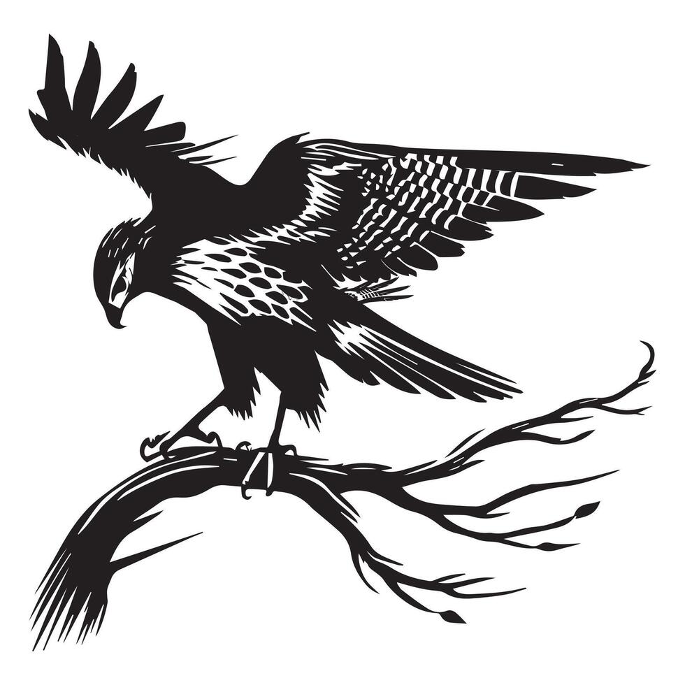 Eagle Silhouette, Eagle Clipart, Hawk perched swaying branch illustration vector