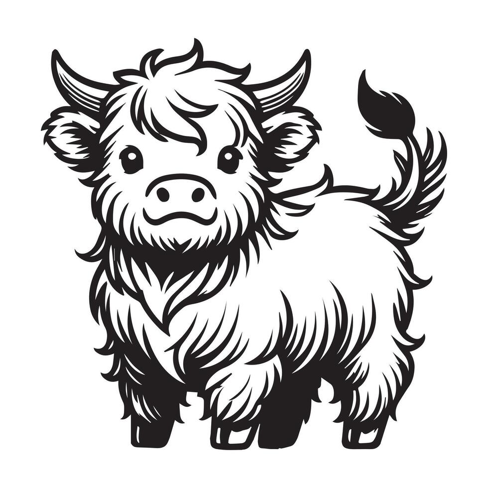 Highland cattle Silhouette - Highland Cow Clipart - A Head Turned cute highland cow Illustration in black and white vector