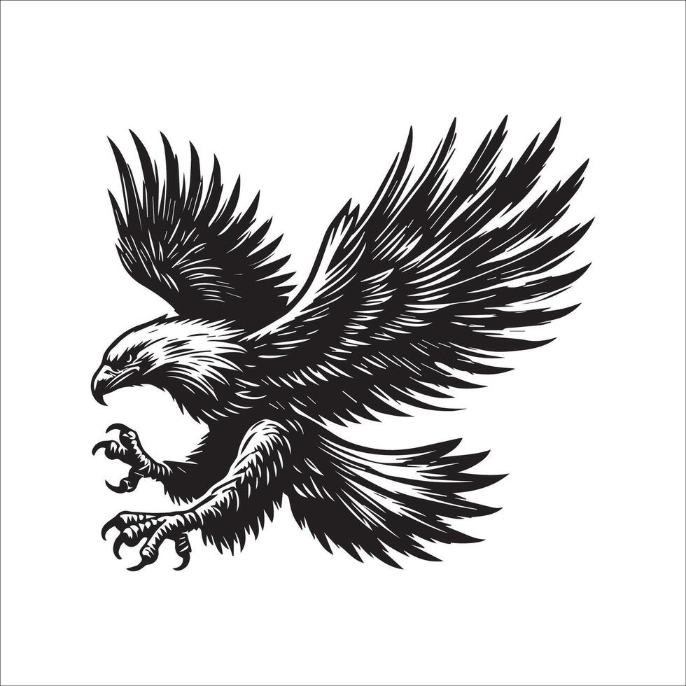 Bald Eagle Silhouette - Eagle Logo - Bald Eagle flying with wings illustration in black and white vector