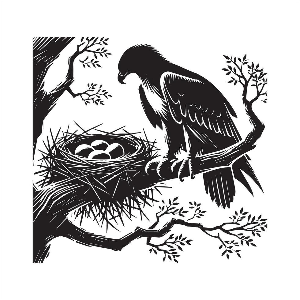 Philippine Eagle Silhouette - Eagle Logo - A Philippine Eagle sitting on tree bunch illustration in black and white vector