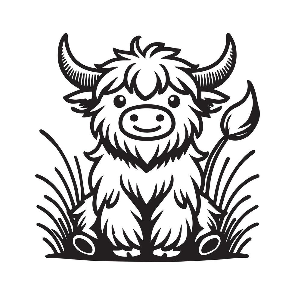 Highland cattle Silhouette - Highland Cow Clipart - Cow sitting with grass Illustration in black and white vector