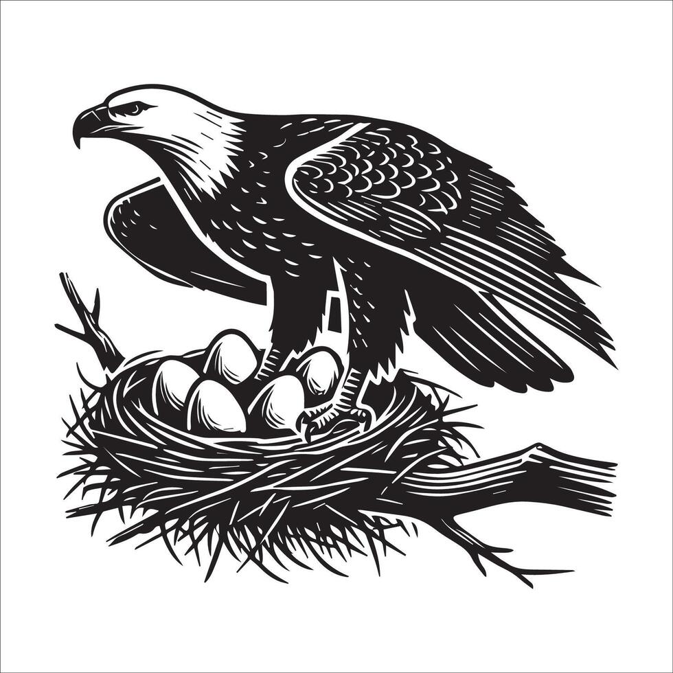 Bald Eagle Silhouette - Eagle Logo - Bald Eagle sitting on branch illustration in black and white vector