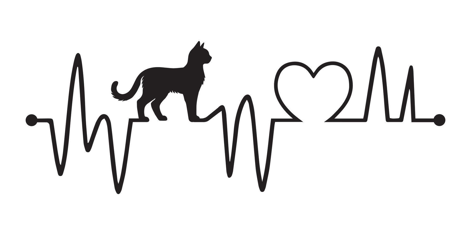 Heartbeat line with Cat silhouette, Cat and Heartbeat frequency with Heart Love illustration vector