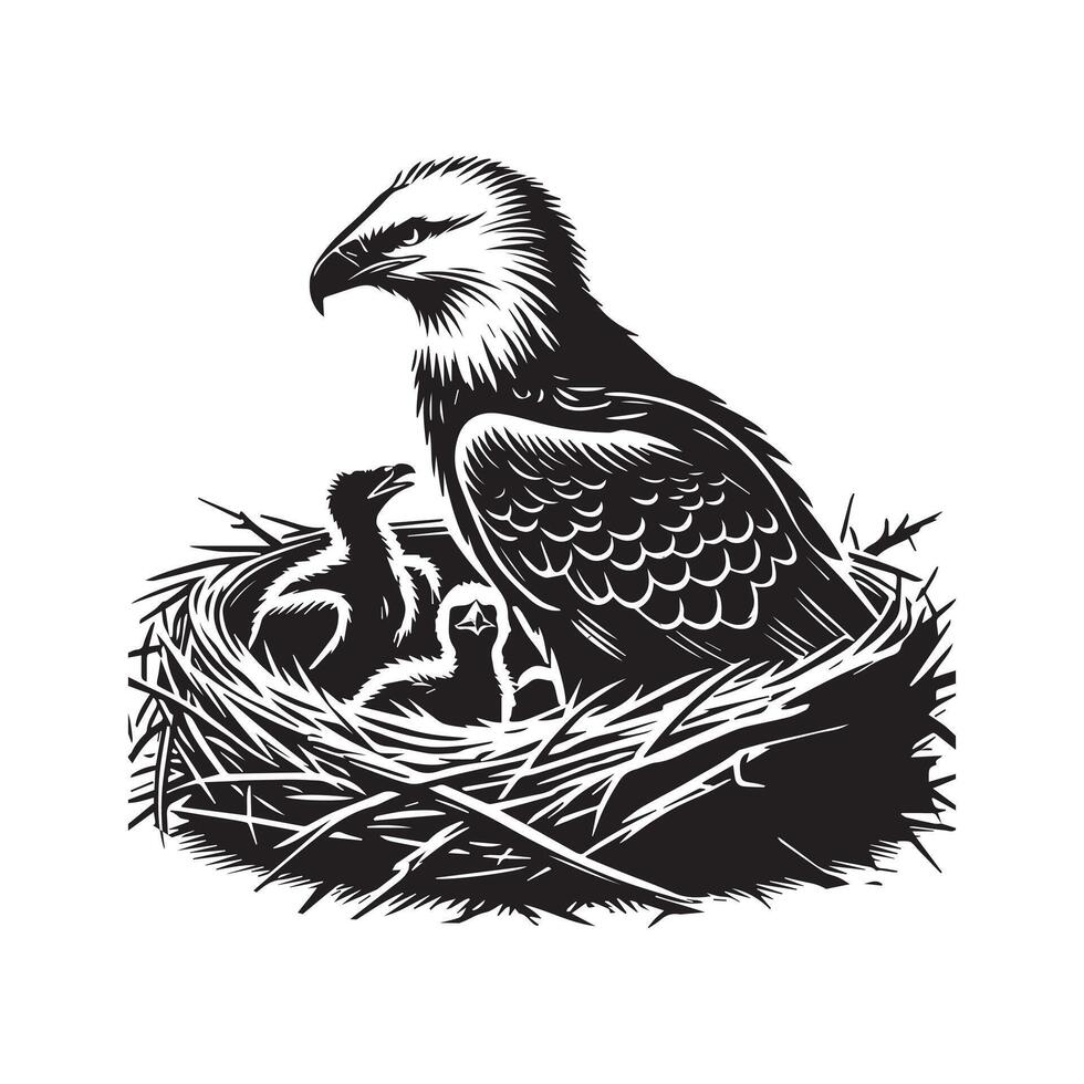 Eagle Silhouette, Eagle Clipart, Eagle sitting in a large nest illustration vector