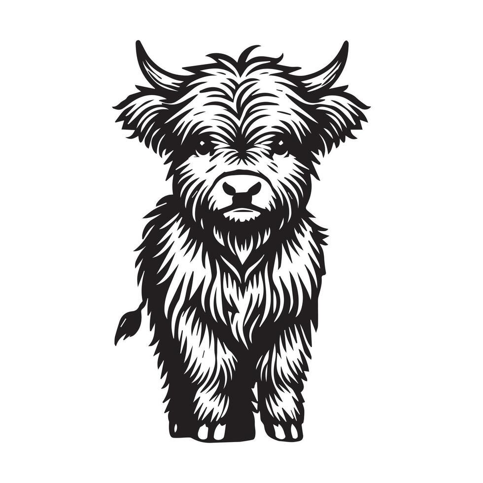 Highland cattle Silhouette - Highland Cow Clipart - highland cow standing Illustration in a black and white vector
