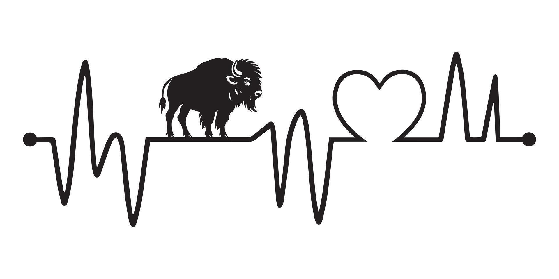 Heartbeat line with Bison silhouette, Bison and Heartbeat frequency with Heart Love illustration vector