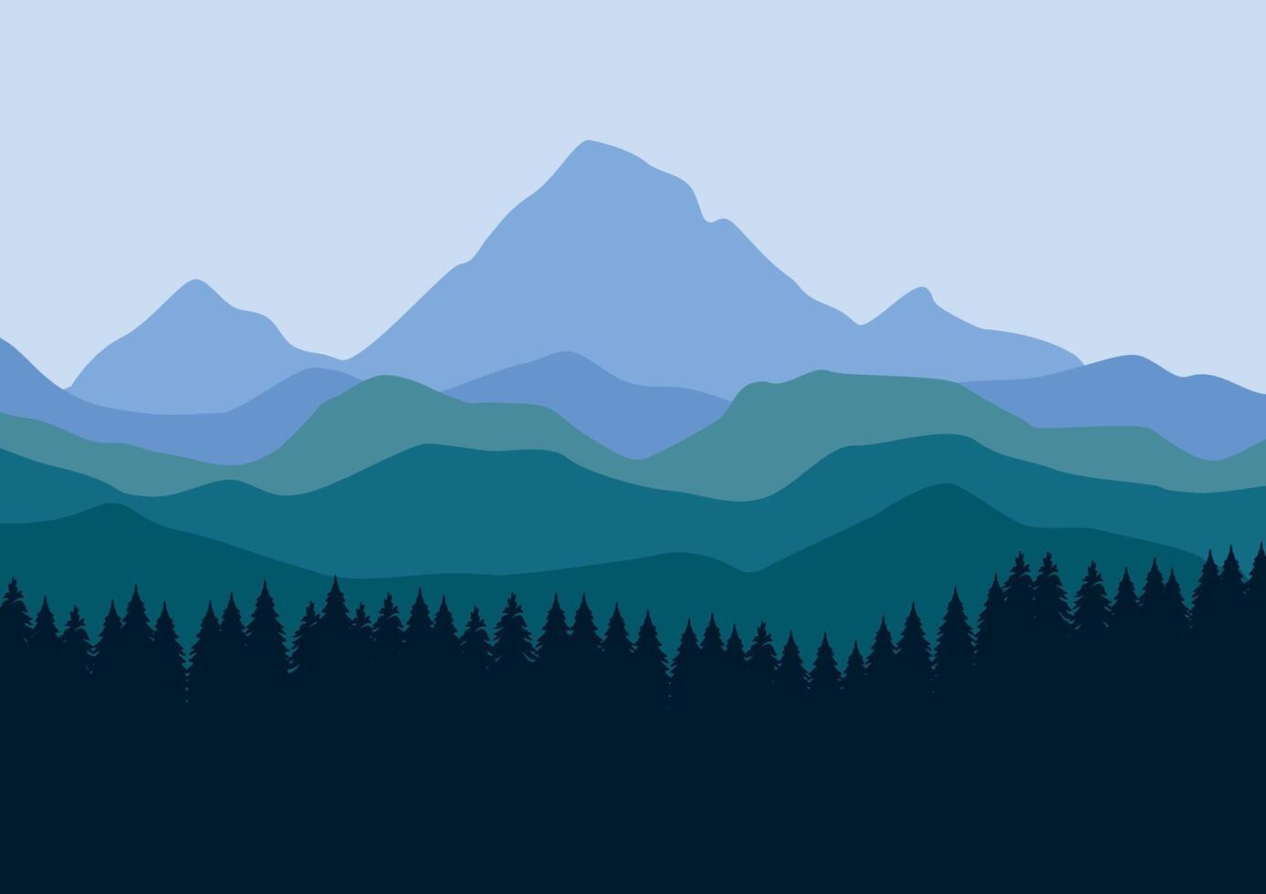 mountain and pine forest panorama illustration in flat design. vector