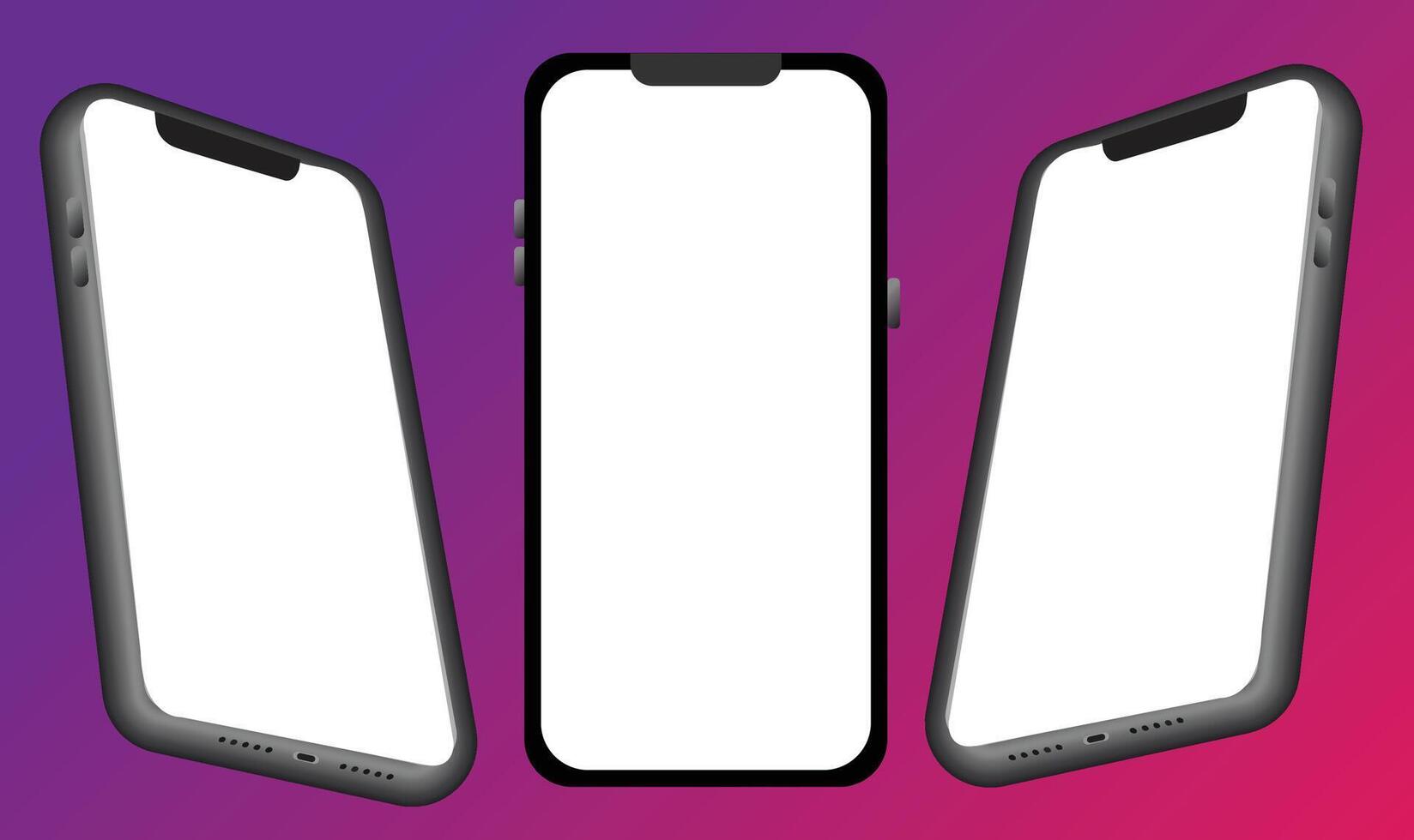 three smartphones mockup on a purple and pink background vector