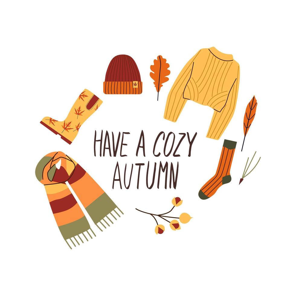 Autumn hand drawn lettering have a cozy autumn. Fall season handwritten slogan. Autumn phrase with cute cozy design elements isolate on white. vector