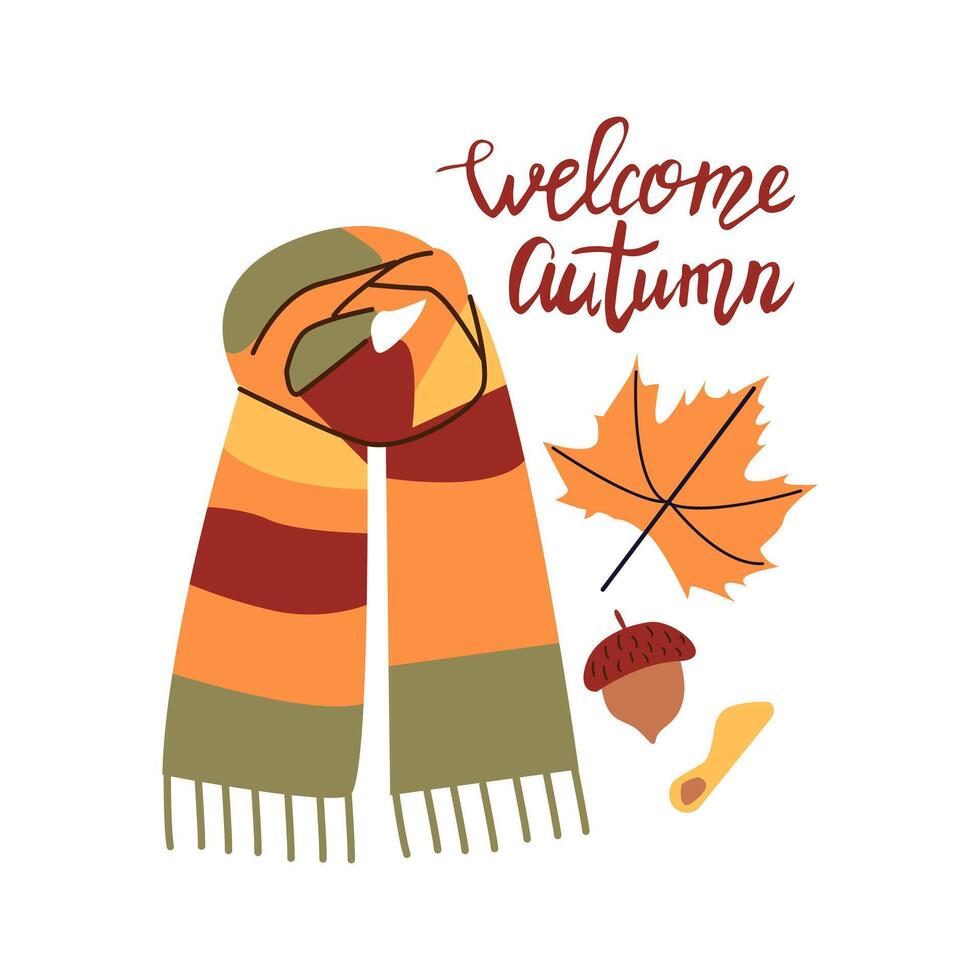 Autumn hand drawn lettering welcome autumn. Fall season handwritten slogan. Autumn phrase with cute cozy design elements isolate on white . vector