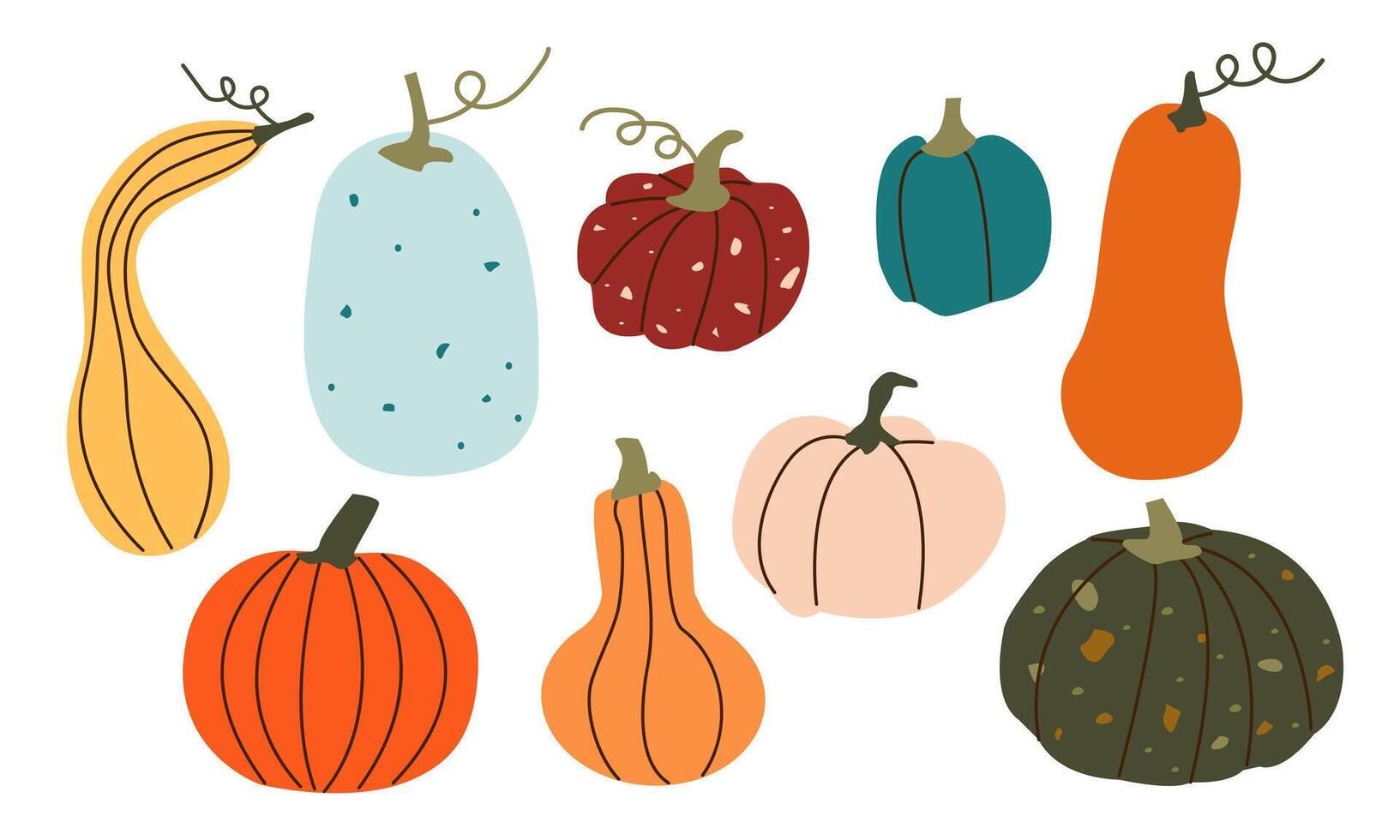 Cartoon pumpkins, Halloween squash, fall harvest gourds. Autumn set of hand drawn cute and cozy design elements. Fall, Thanksgiving Day, Autumn season. vector