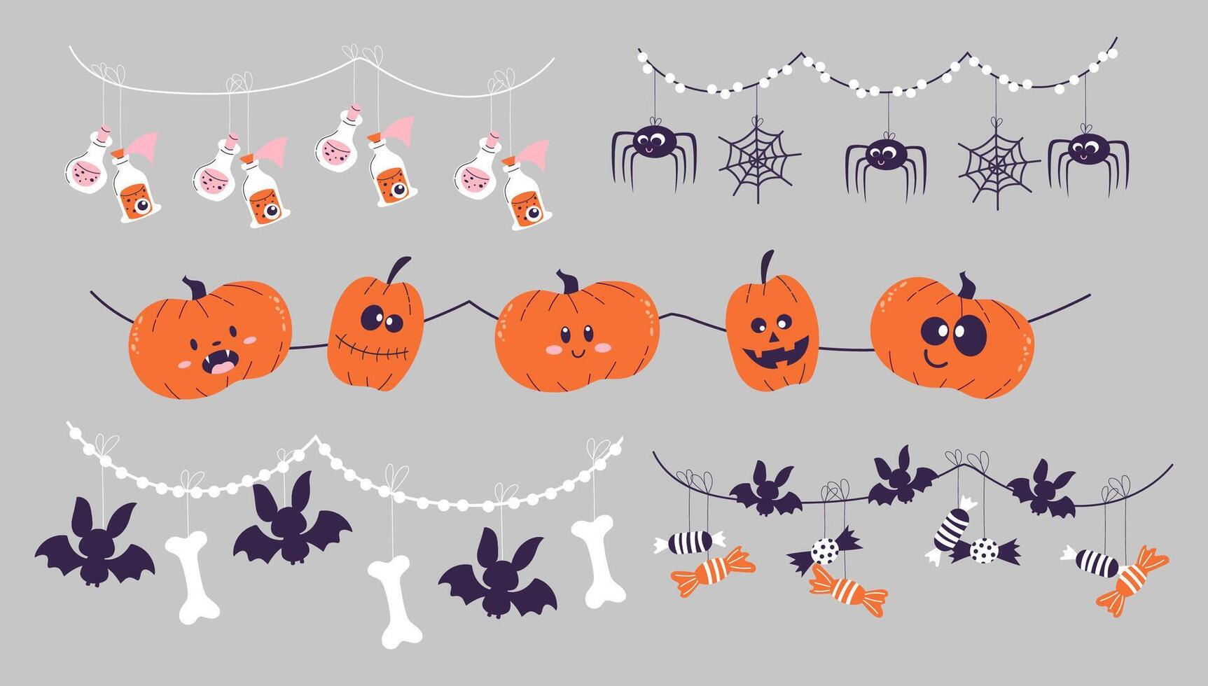 Set of Halloween garlands. Bright and colourful handdrawn decoration. Design of pumpkins, spiders, bats, bones and candies. vector
