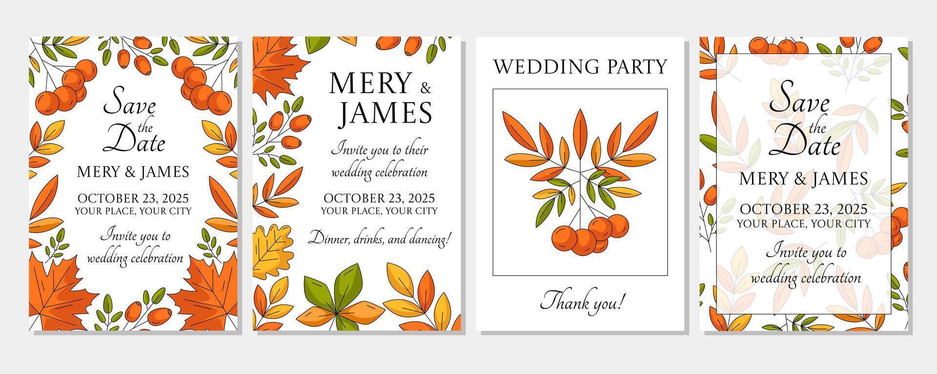 Set of elegant floral autumn vertical a4 posters, wedding invitation, abstract fall leaves frame or pattern. Illustration for social media, postcard, banner, flyer, party. Isolated background vector