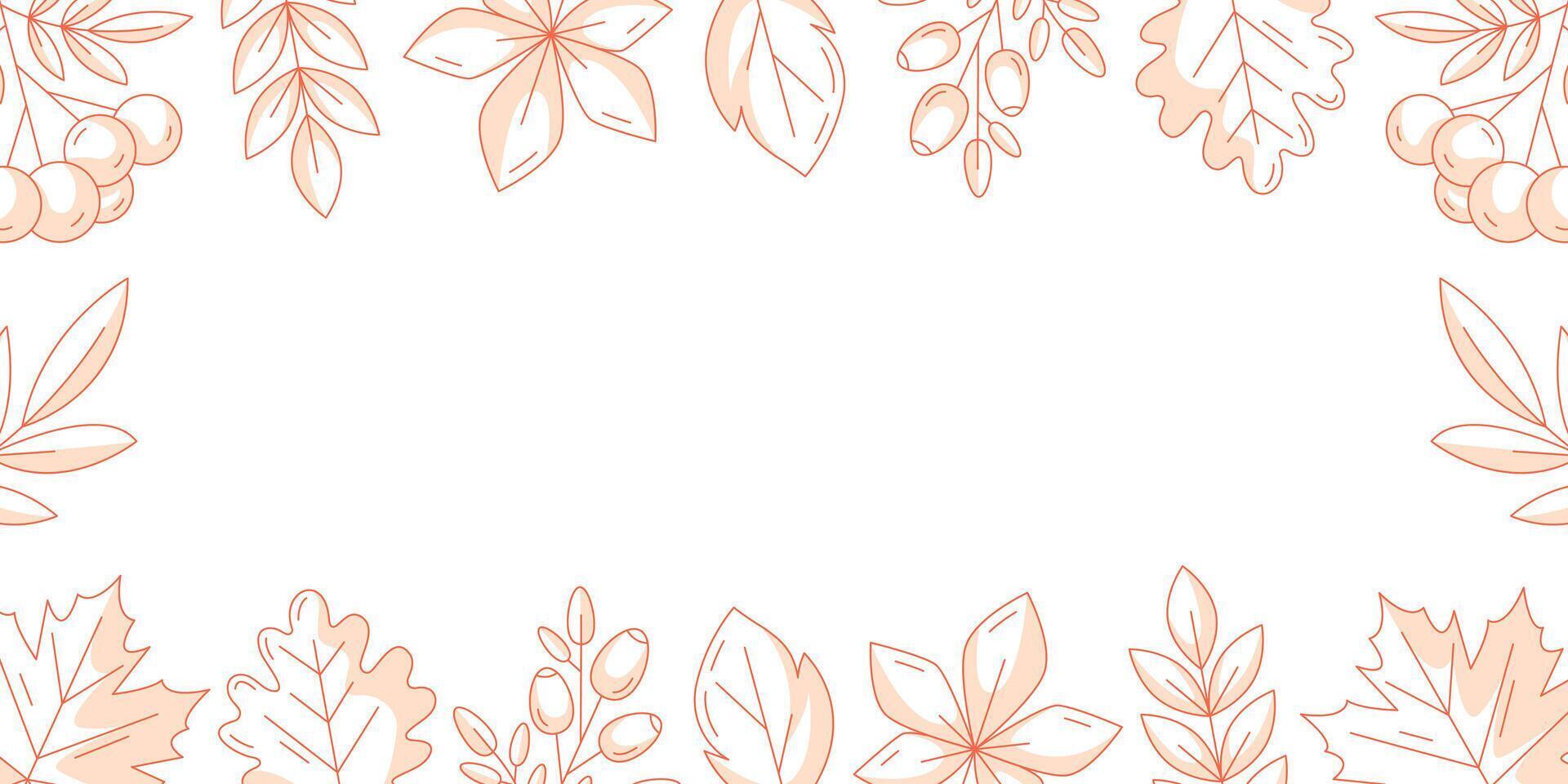 Autumn horizontal background with fall leaves and berries border frame. Pastel monochrome orange color, space for text, isolated backdrop. Seasonal banner, poster, flyer or cover for sale, advertising vector