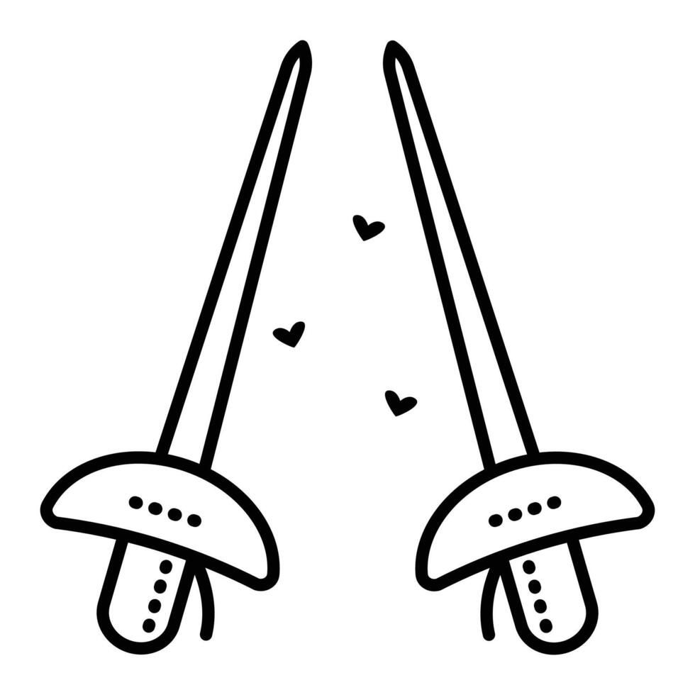 Two swords, black line icon, love to fencing. Monochrome illustration, editable stroke vector