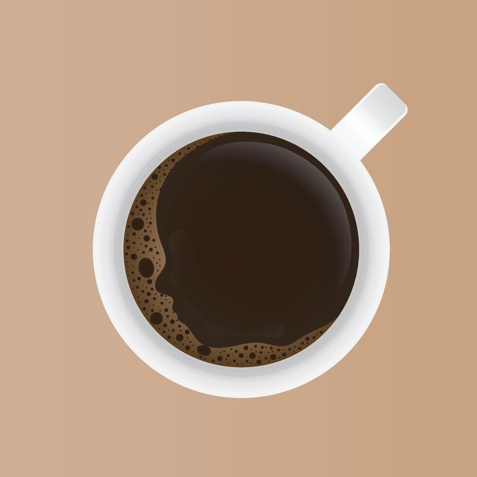 A birds eye view of a coffee cup illustration with person silhouette in the coffee vector