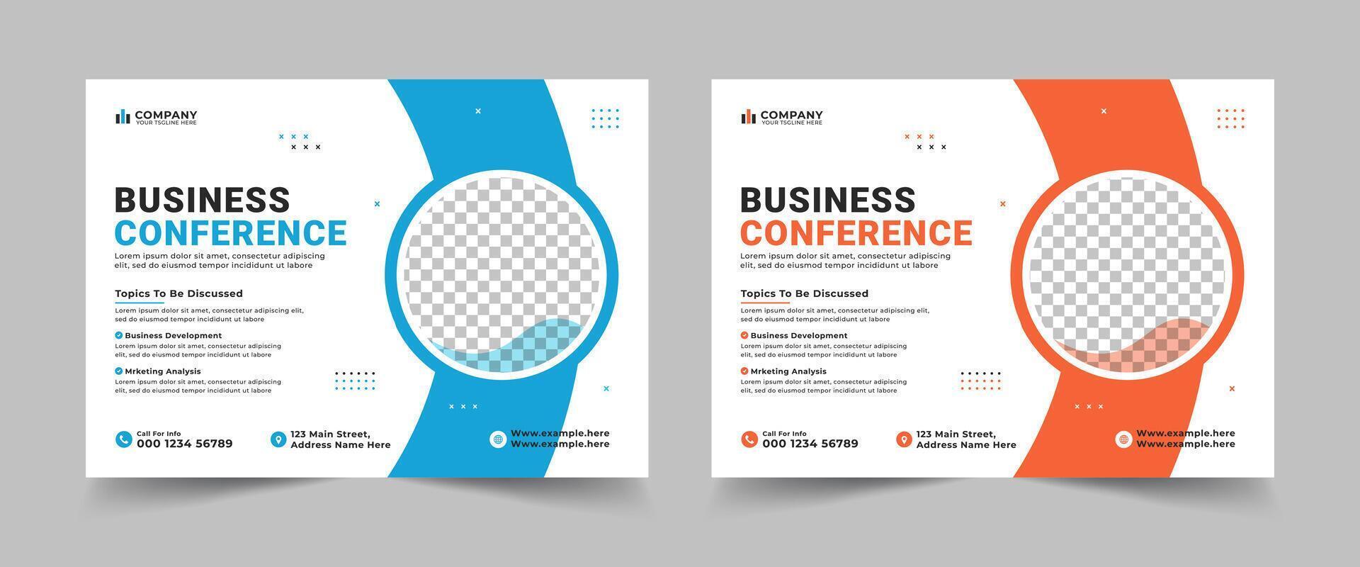 Corporate horizontal business conference flyer template. Technology conference social media banner layout, live webinar event invitation banner vector
