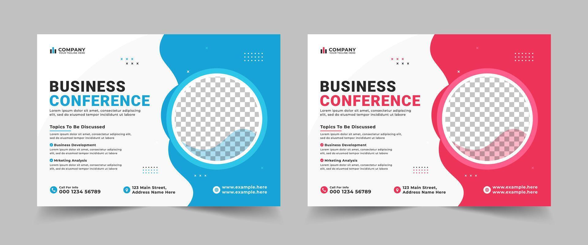 Corporate horizontal business conference flyer template or online webinar and technology conference social media banner layout. Cover background vector