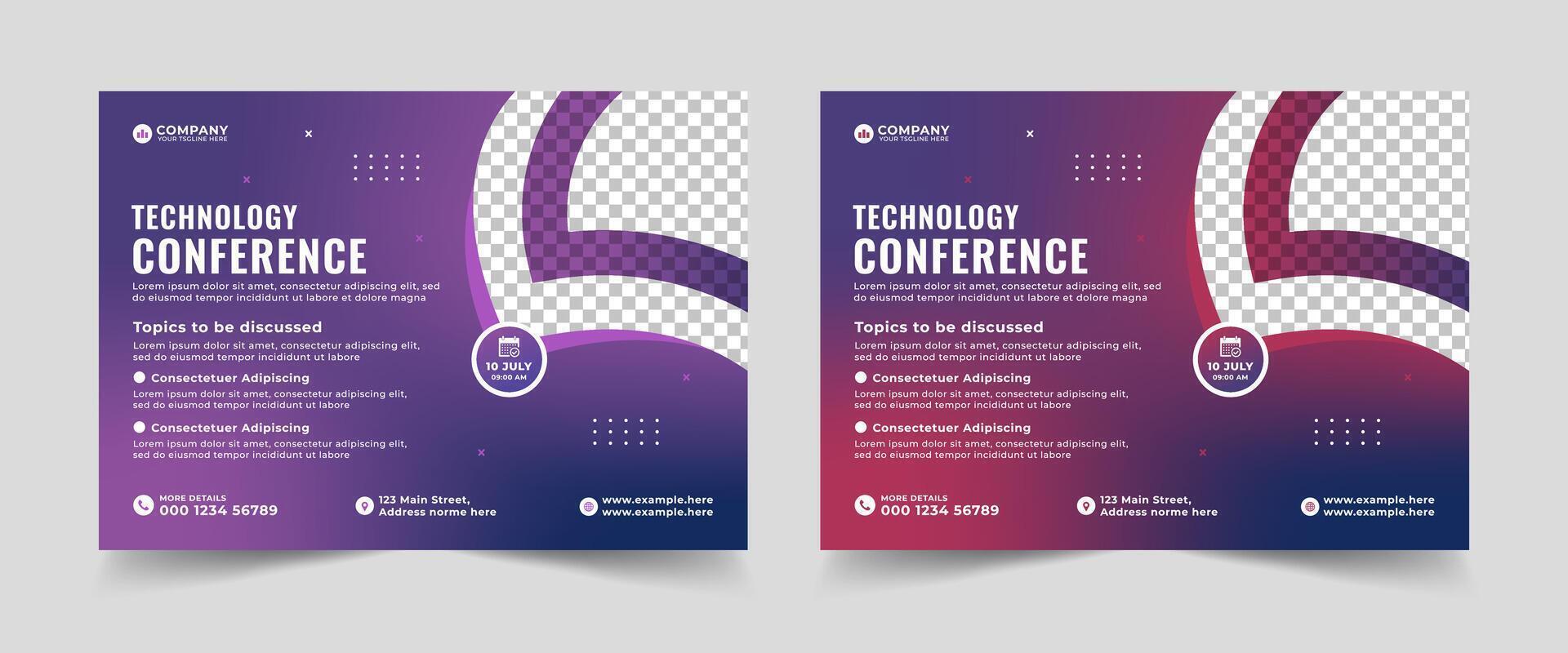 Creative technology conference webinar flyer template and business event banner invitation layout design. Technology conference social media banner layout, live webinar banner vector