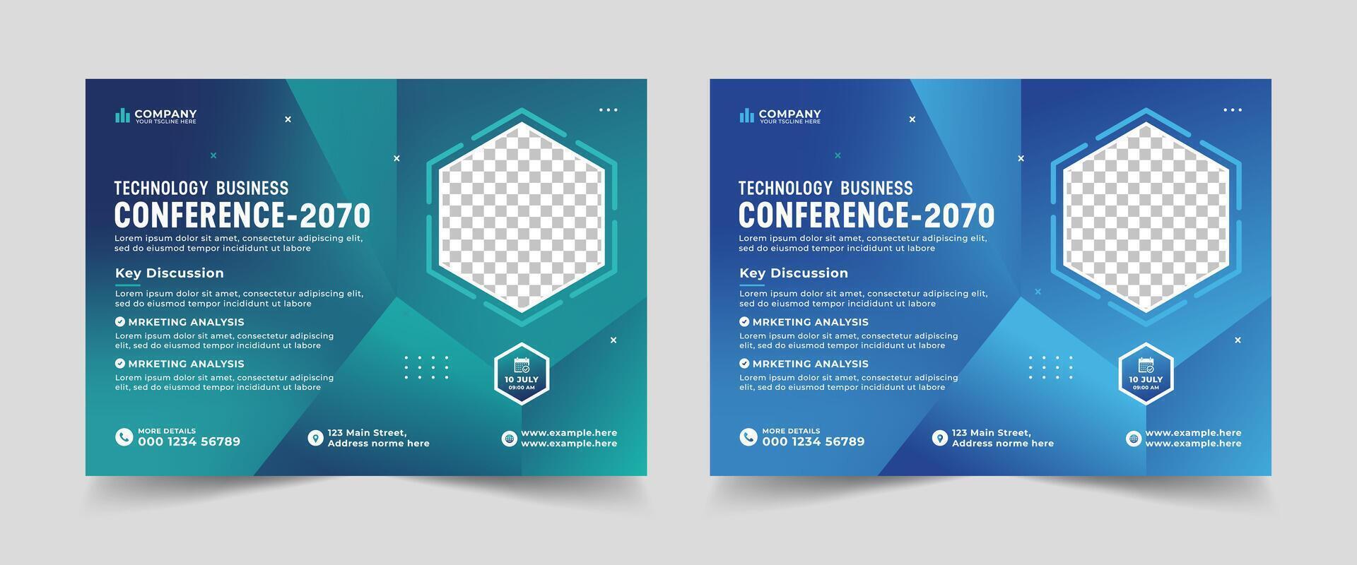 Corporate horizontal business conference flyer template. Technology conference social media banner layout, live webinar event invitation banner vector