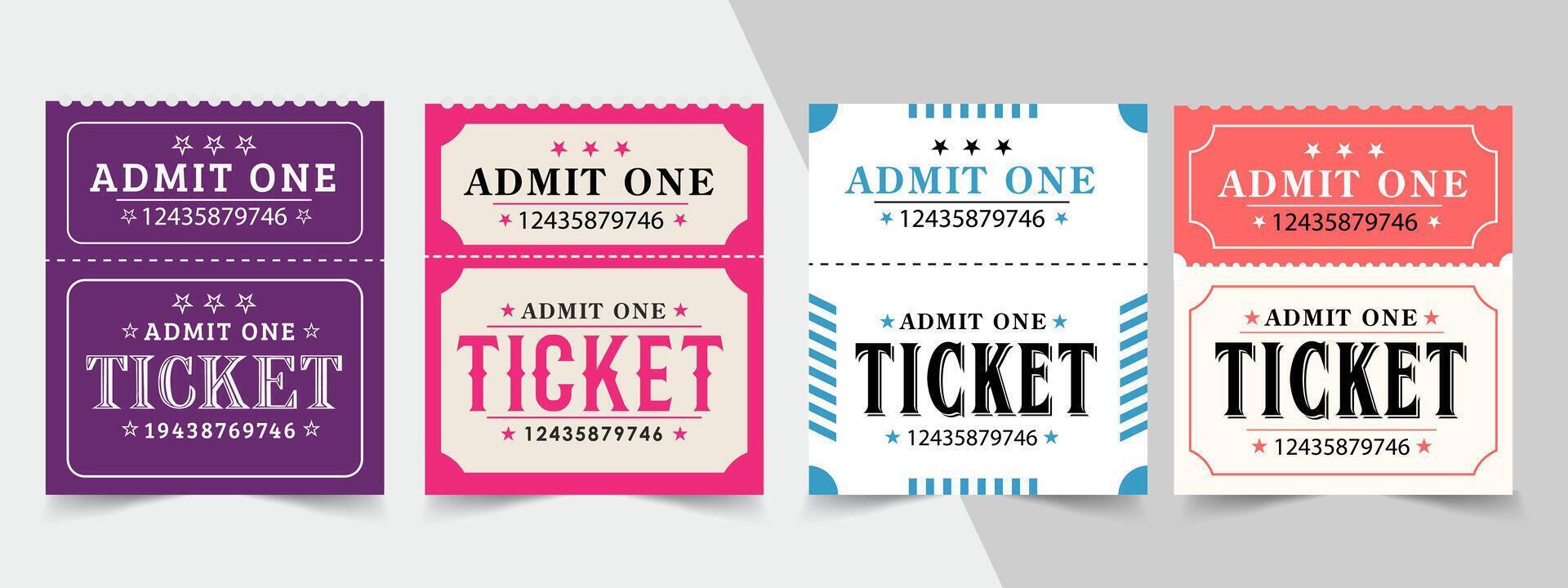 Ticket design template. Ticket for event or program access. Collection of colorful tickets with place for text vector