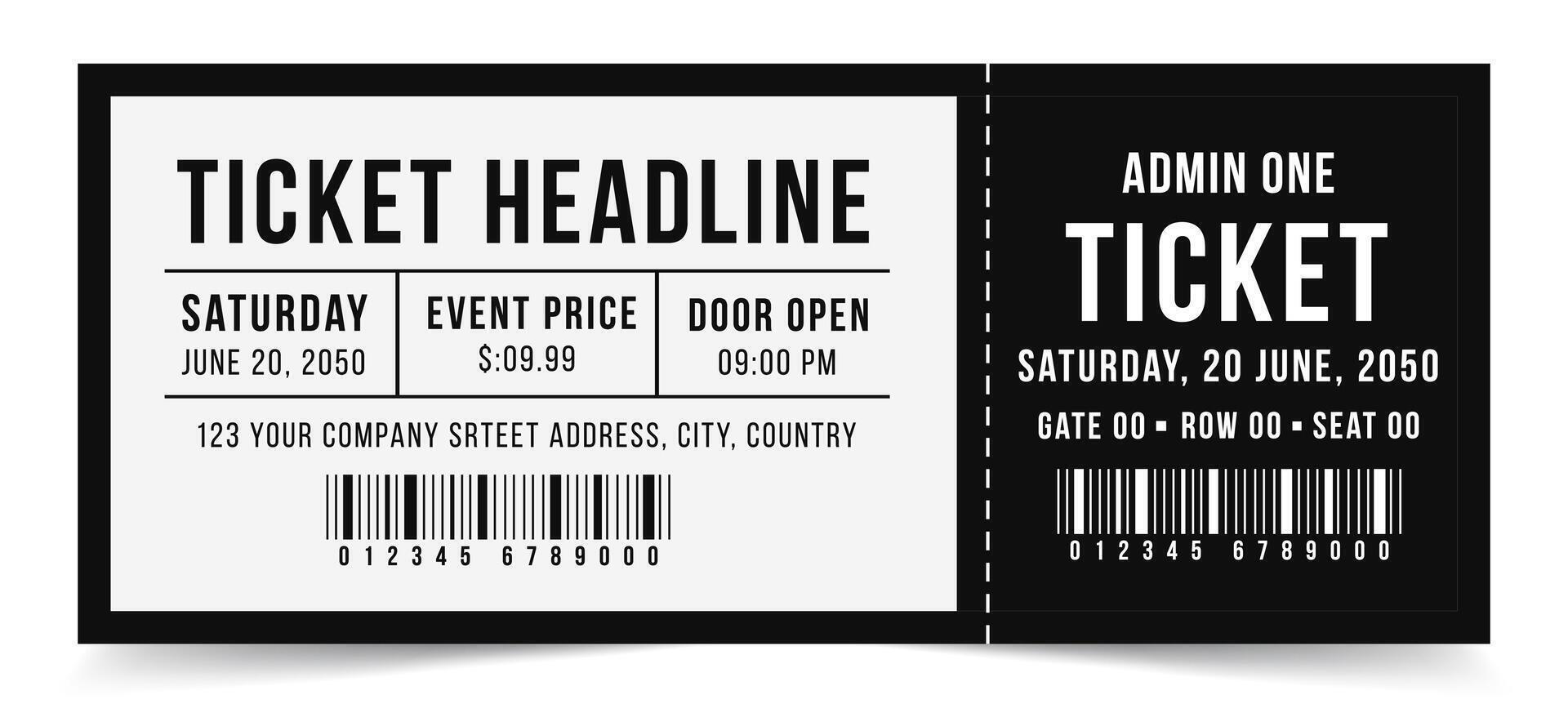 Simple ticket, Black and White, Template minimal design for entertainment show, event, boarding pass, cinema, theatre and concert. Ticket illustration vector
