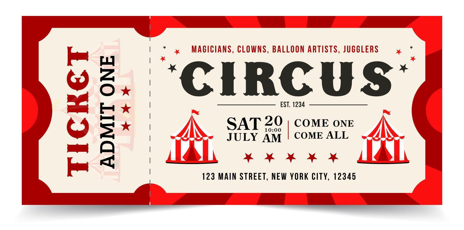 Circus show horizontal ticket template. Admit one coupon. Ticket illustration. vector