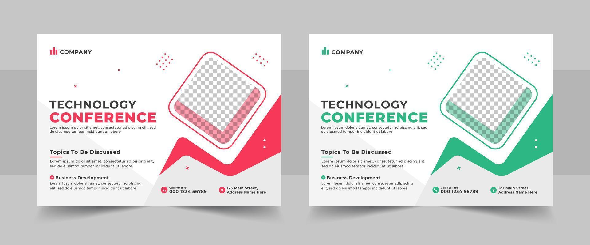 Corporate horizontal business conference flyer template. Technology conference social media banner layout, live webinar event invitation banner vector