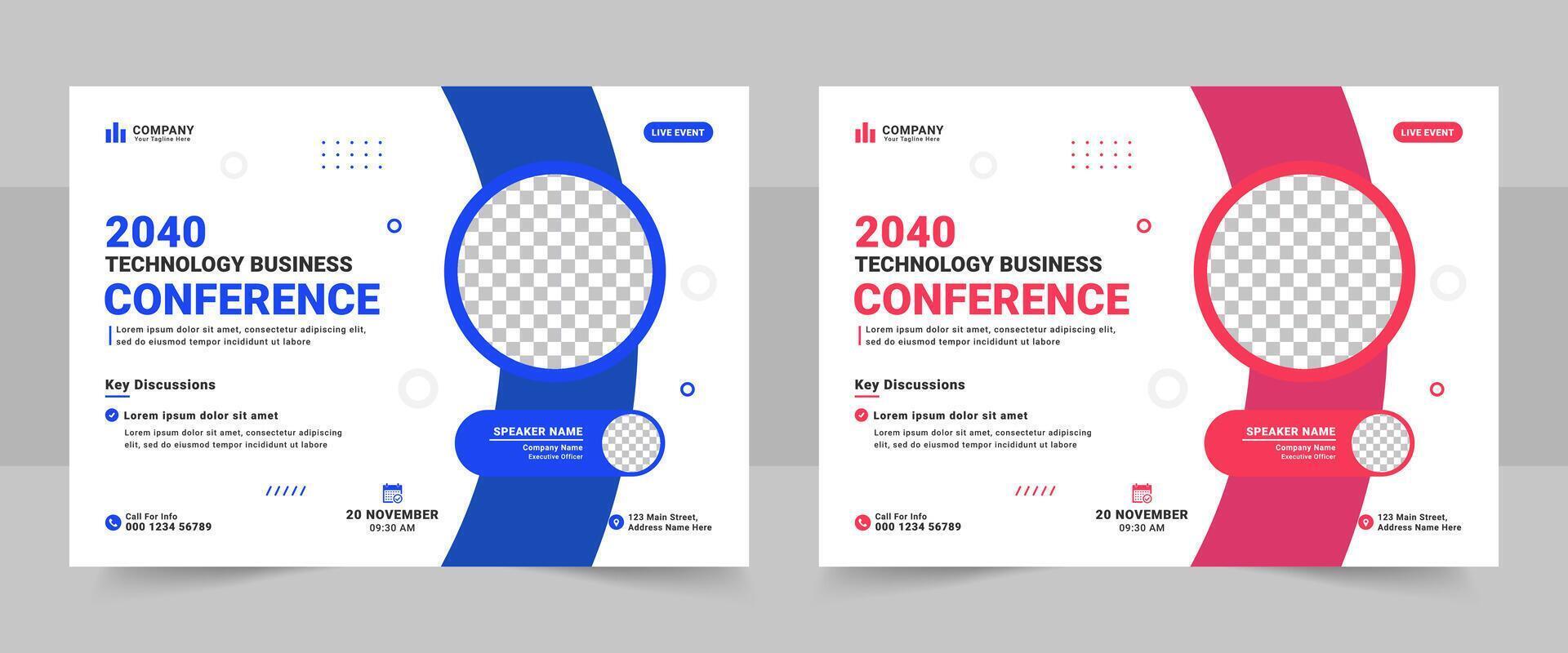 Corporate horizontal business conference flyer template or online webinar and technology conference social media banner layout design vector
