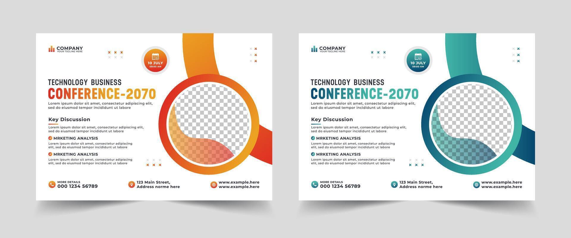 Corporate horizontal business conference flyer template. Technology conference social media banner layout, live webinar event invitation banner vector