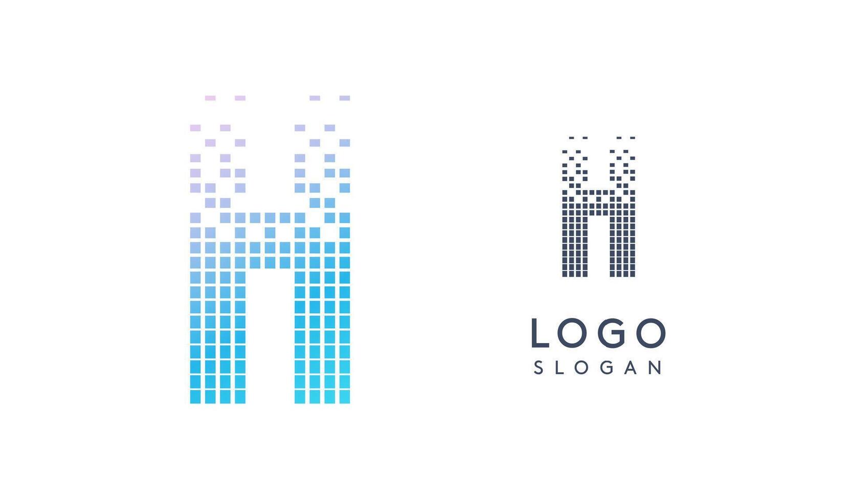 Pixelated Letter H transitioning into scattered pixels with gradient colors creating modern, digital effect like equalizer. Abstract logo for tech software and digital media. illustration. vector