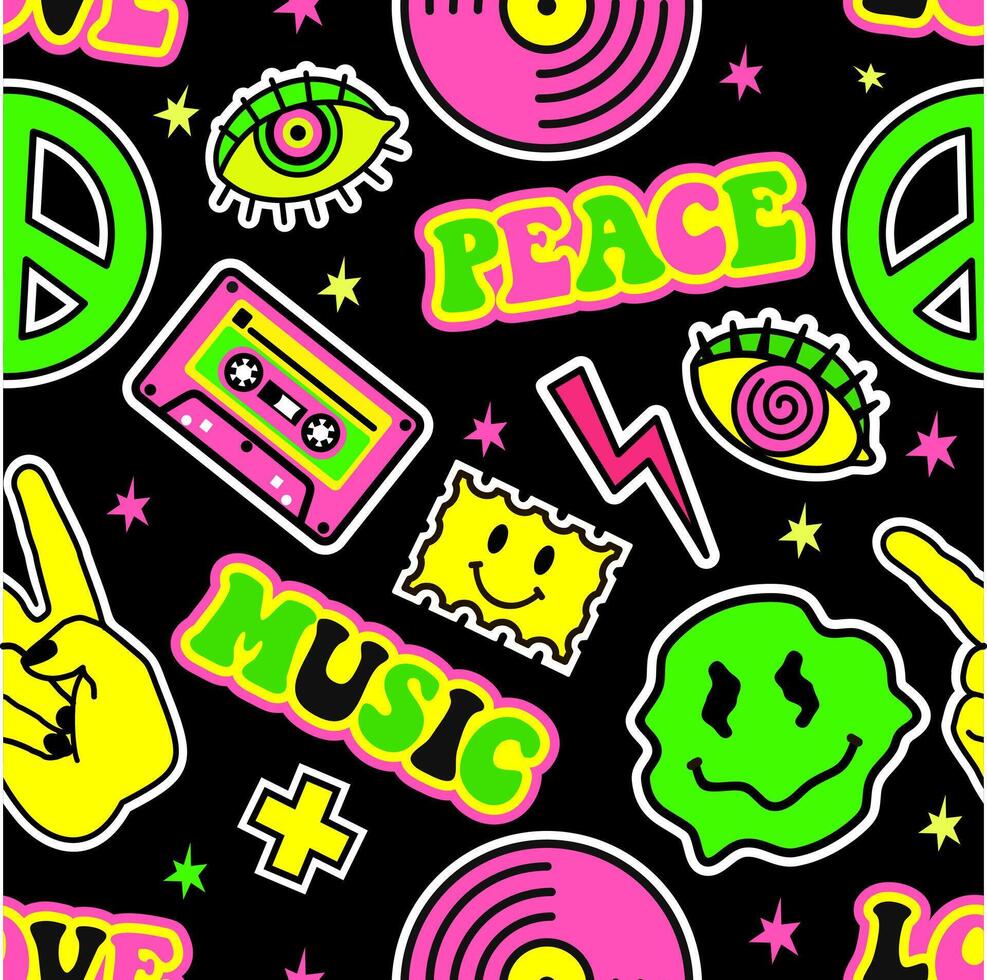 Seamless pattern for retro music party. Nostalgia musical event in 60s and 70s style. Seamless background with vinyl, audio cassettes, a symbol of peace, Rock hand vector