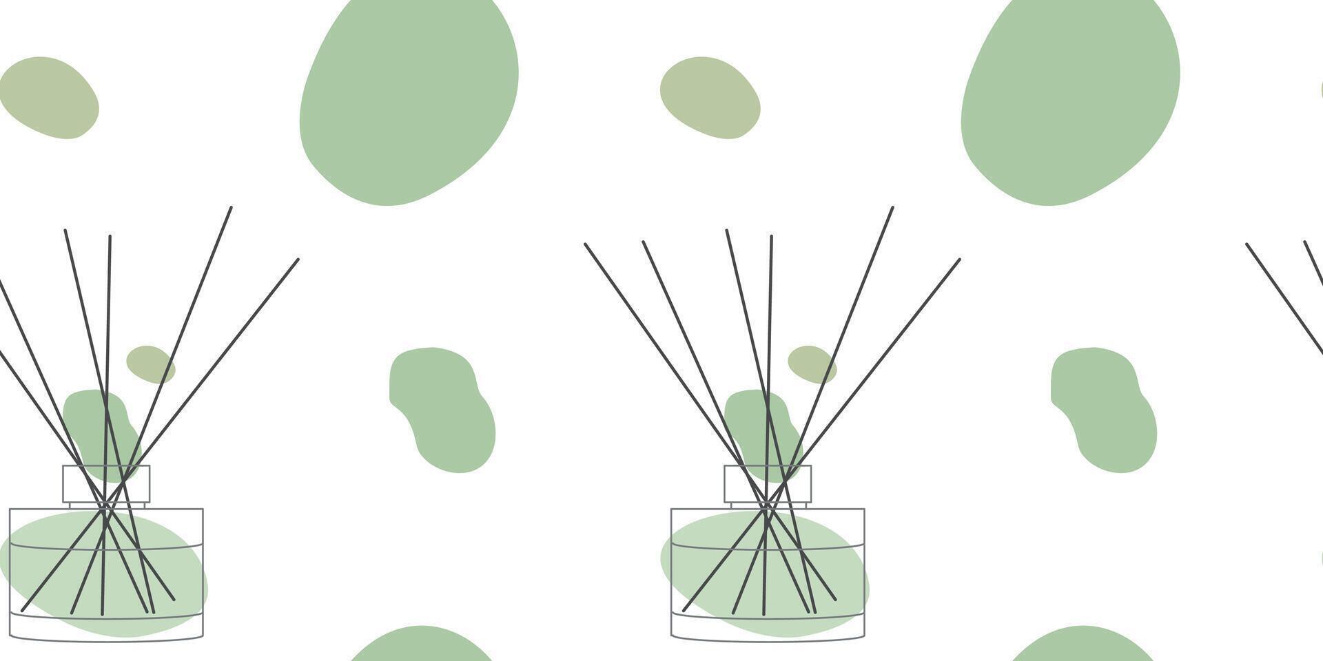 Aromatherapy seamless pattern. Aroma diffuser, essential oil for home. outline, line art illustration concept with Color Abstract shape. Glass Jar Different with Wooden Bamboo Aroma Sticks vector