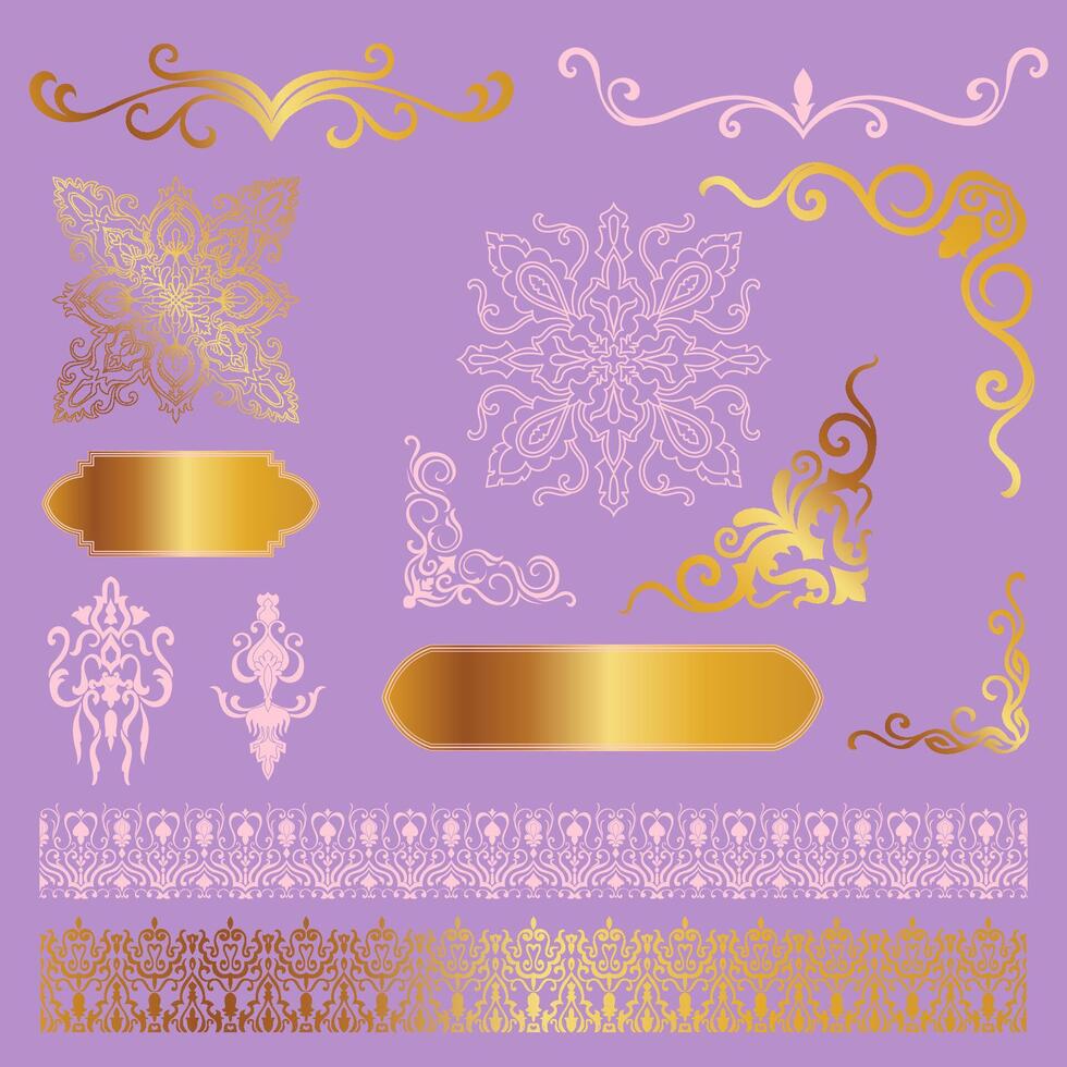 Vintage set of gold and pink on purple background for wedding card. vector