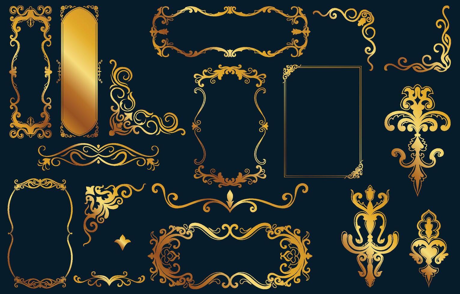 Set of luxury golden elements For decorating corners, classic frames, abstract lines. vector