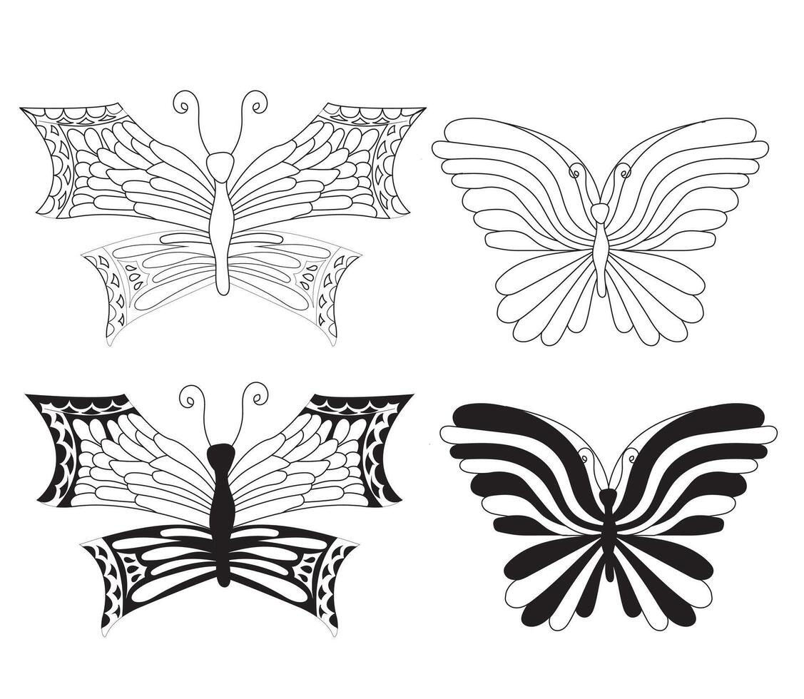 Simple butterflies. Small set in two styles, doodle and silhouette. illustration isolated on white background. vector