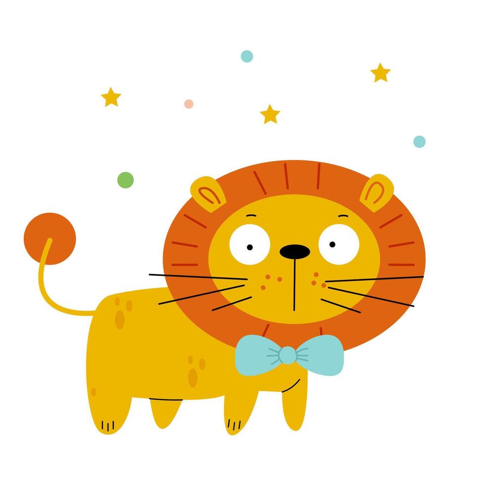 funny little lion with a butterfly and bright confetti on a white background vector