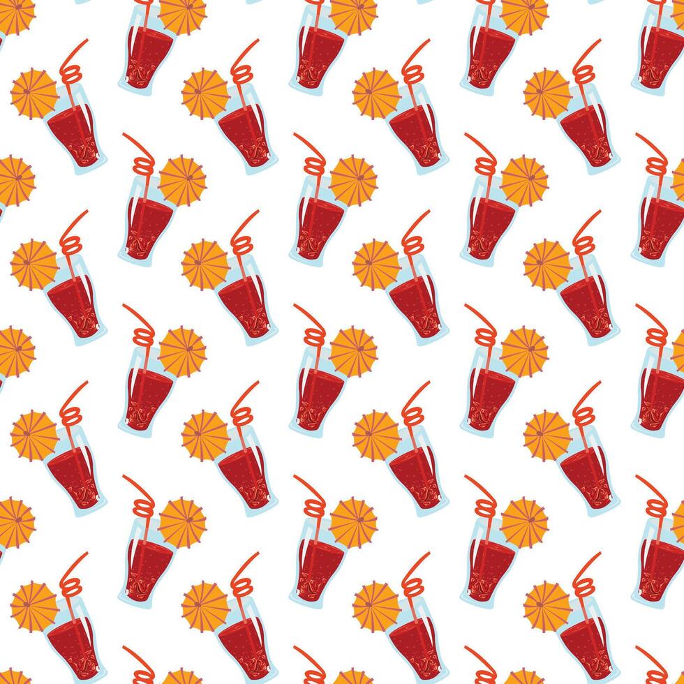 Glass glass with a cool drink, cocktail straw and umbrella. Simple seamless pattern on a white background. illustration. vector