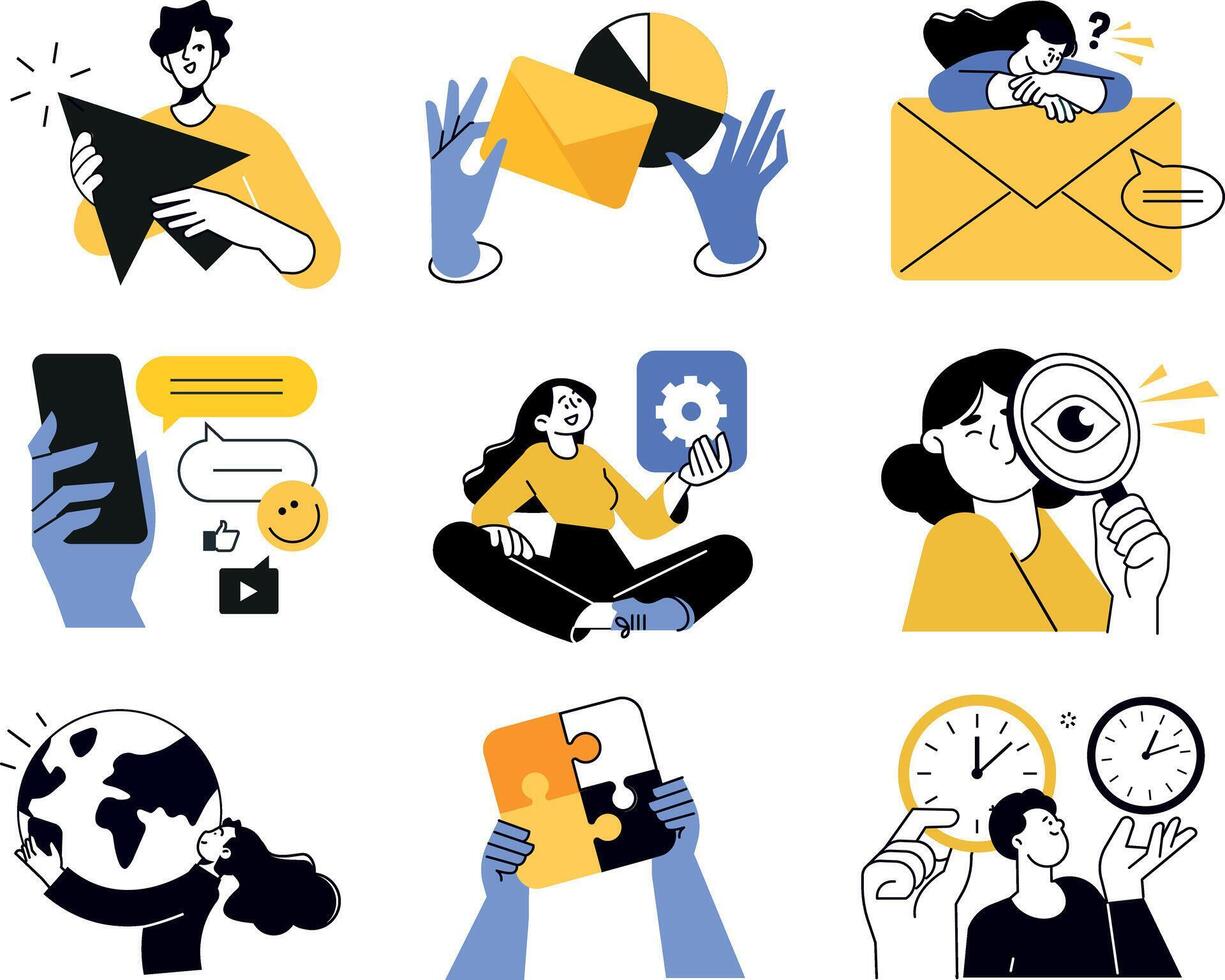 Creative business concept illustrations. illustrations of business idea launch, creativity and innovation, social network, graphic and web design, advertising, content management, communication. vector