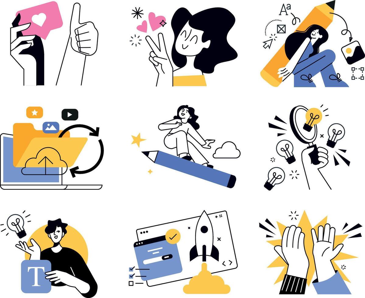 Creative business concept illustrations. illustrations of business idea launch, creativity and innovation, social network, graphic and web design, advertising, content management, communication. vector